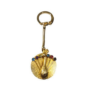 Peacock Keychain Gold Tone Rhinestone Clip Back Bird